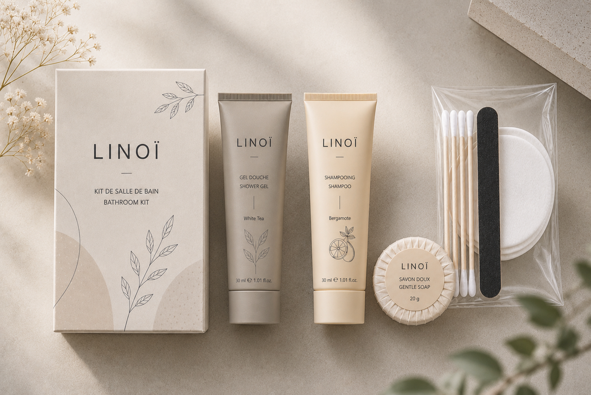 Échantillon Kit Salle de Bain LINOÏ pour Airbnb & Hôtels – Précommande Livraison Octobre