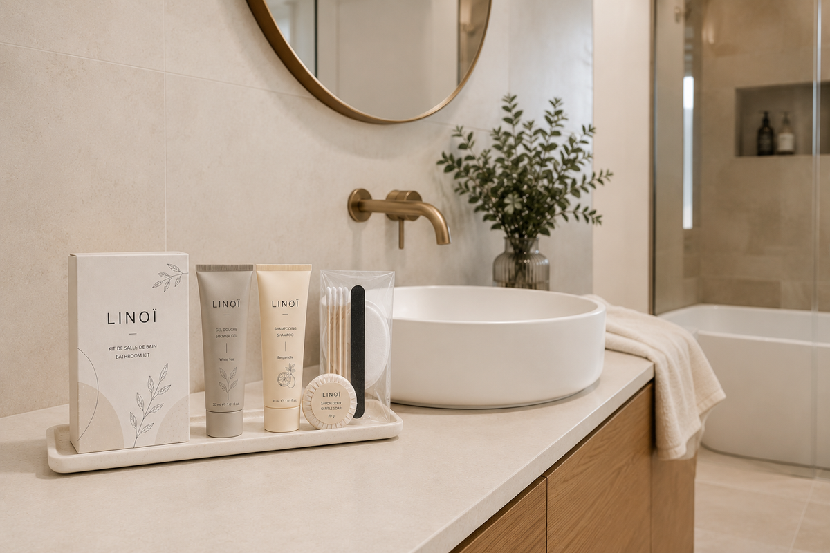 Échantillon Kit Salle de Bain LINOÏ pour Airbnb & Hôtels – Précommande Livraison Octobre
