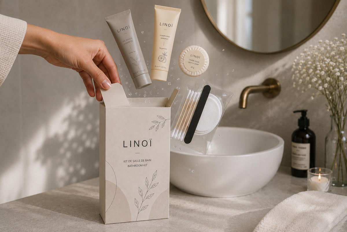 Échantillon Kit Salle de Bain LINOÏ pour Airbnb & Hôtels – Précommande Livraison Octobre